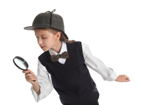 Cute little detective with magnifying glass on white backgroundの写真素材