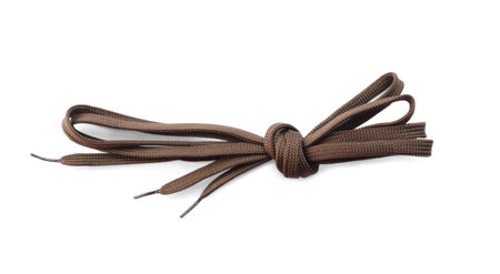 Dark brown shoe laces tied in knot isolated on white, top viewの写真素材