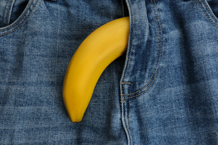 Jeans with banana in fly symbolizing male sexual organ as background, closeup. Potency problem conceptの写真素材
