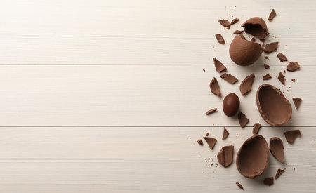 Broken and whole chocolate eggs on white wooden table, flat lay. Space for textの写真素材