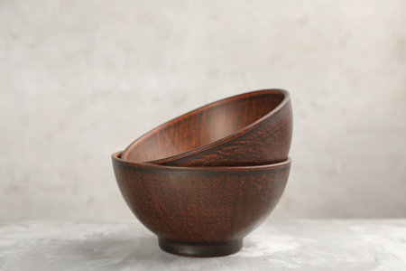 Stylish handmade clay bowls on gray tableの写真素材