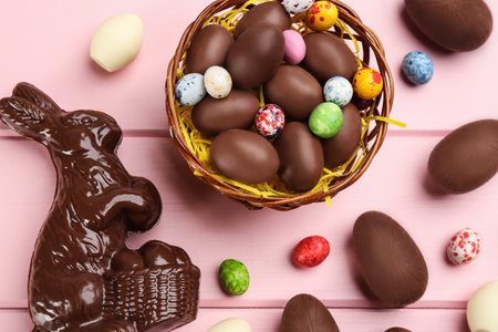 Chocolate Easter bunny and eggs on pink wooden table, flat lay