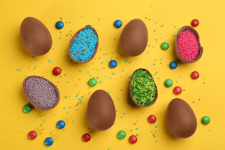 Sweet chocolate eggs with sprinkles and candies on yellow background, flat layの写真素材