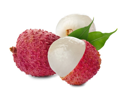 Fresh ripe lychee fruits on white backgroundの写真素材