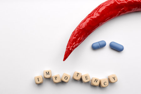 Chili pepper, pills and cubes with word Impotence on white background, flat lay. Space for textの写真素材