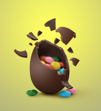 Broken chocolate egg with candies on yellow backgroundの写真素材