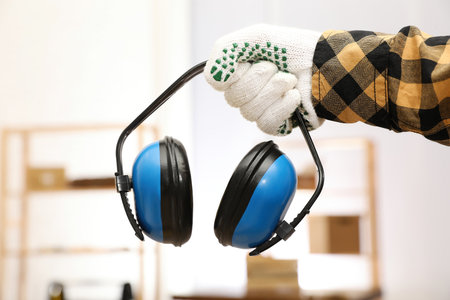 Worker holding safety headphones indoors, closeup. Hearing protection deviceの写真素材
