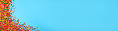 Colorful sprinkles on light blue background, flat lay with space for text. Confectionery decorの写真素材