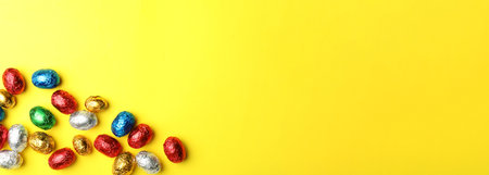 Chocolate eggs wrapped in colorful foil on yellow background, flat lay with space for text. banner designの写真素材