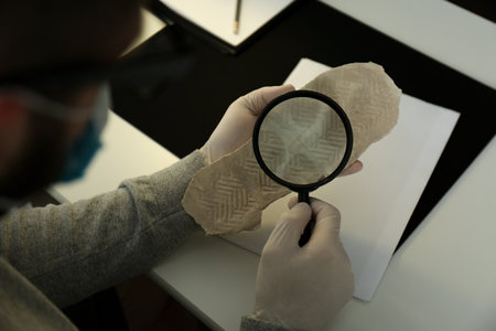 Detective with magnifying glass examining shoe sole print at table, closeupの写真素材