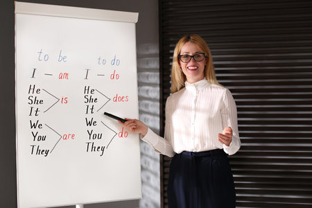 English teacher near whiteboard in class at lessonの写真素材