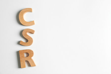 Wooden letters CSR on white background, top view. corporate social responsibility conceptの写真素材