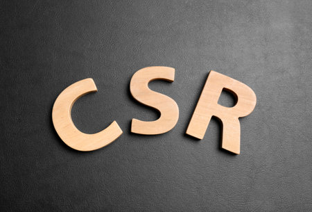 Wooden letters CSR on black background, flat lay. corporate social responsibility conceptの写真素材
