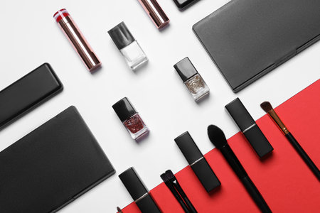 Flat lay composition with different makeup products on color backgroundの写真素材