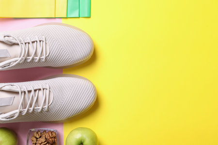 Sneakers, fitness elastic bands and healthy snacks on color background, flat lay. Space for textの写真素材