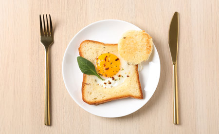 Tasty toast with fried egg served on wooden table, flat layの写真素材