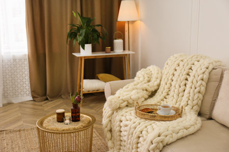 Soft knitted blanket and tray with cup of tea on couch in room. interior elementの写真素材