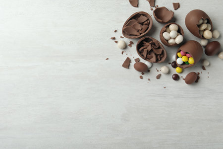 Broken chocolate eggs with candies on white wooden table, flat lay. Space for textの写真素材
