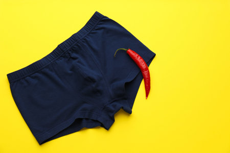 Men's underwear and chili pepper on yellow background, flat lay. Potency problem conceptの写真素材