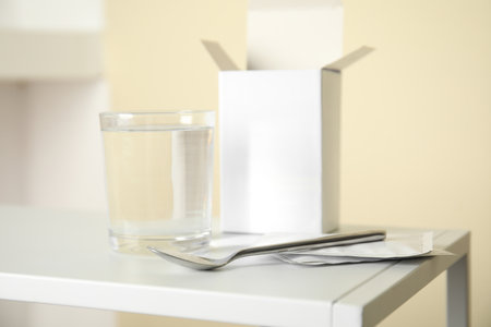 Medicine sachets, glass of water and spoon on white tableの写真素材
