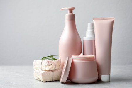 Set of hair care cosmetic products and soap bars on light gray marble tableの写真素材