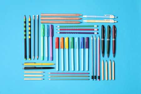 Different stationery on light blue background, flat lay. back to schoolの写真素材