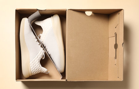 Pair of stylish sport shoes in box on beige background, top viewの写真素材
