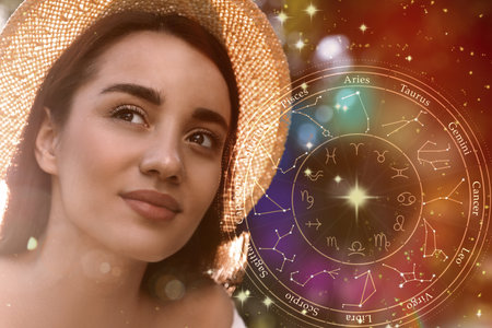 Beautiful young woman and illustration of zodiac wheel with astrological signs on color backgroundの写真素材