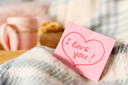 Note with phrase I Love You on warm plaid
