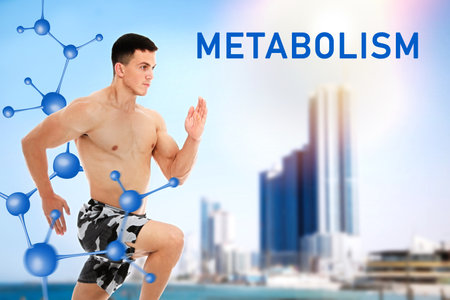 Metabolism concept. Molecular chain illustration and athletic young man running near sea on sunny dayの写真素材