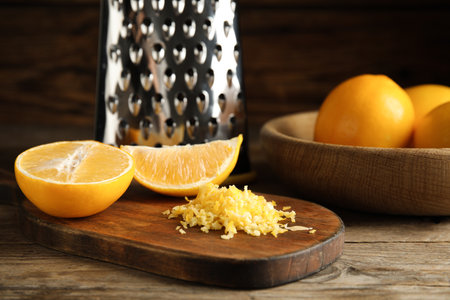 Grated lemon zest and fresh fruits on wooden tableの写真素材