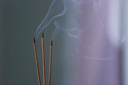 Incense sticks smoldering on blurred background, closeup. Space for textの写真素材