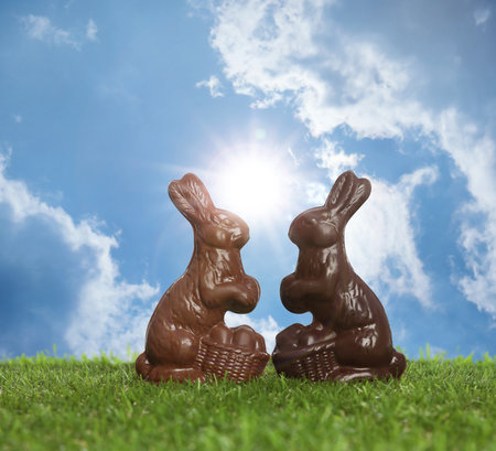 Chocolate bunnies on green grass outdoors. easter celebrationの写真素材
