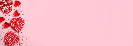 Sweet heart shaped lollipops and sprinkles on pink background, flat lay with space for text. Valentine's Day banner designの写真素材