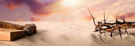 Passion Of Jesus Christ. Crown of thorns on sand, banner designの写真素材