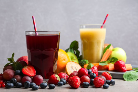 Delicious juice and fresh ingredients on gray tableの写真素材
