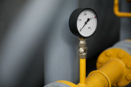 Pressure gauge at modern granary, closeup. Space for textの写真素材