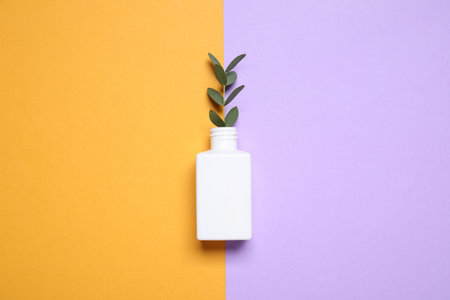 Bottle with twig on color background, top viewの写真素材
