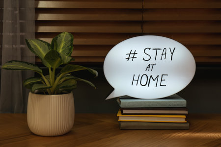 Houseplant, books and speech bubble with hashtag STAY AT HOME on wooden table.の写真素材