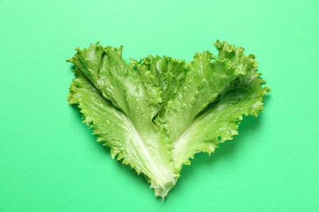 Leaves of fresh lettuce on green background, top viewの写真素材