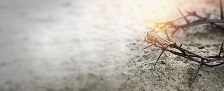Passion Of Jesus Christ. Crown of thorns on sand, banner designの写真素材