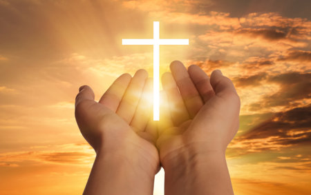 Woman and cross silhouette outdoors, closeup view. Belief in Jesus Christ