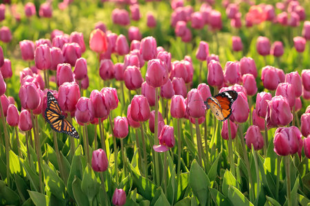 Beautiful butterflies and blossoming tulips outdoors on sunny spring dayの写真素材