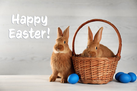 Happy Easter! Cute bunnies and dyed eggs on white tableの写真素材