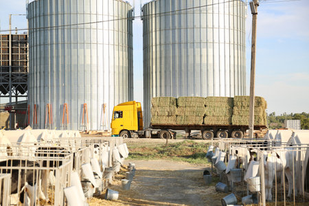 Stainless steel milk silos and truck with hay bales on farm. animal husbandryの写真素材