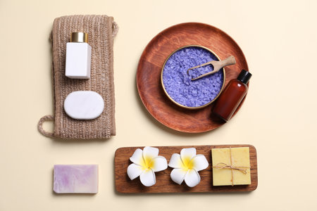 Flat lay composition with personal care products on gray backgroundの写真素材