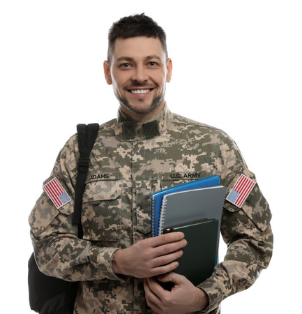 Cadet with backpack and notebooks isolated on white. military educationの写真素材