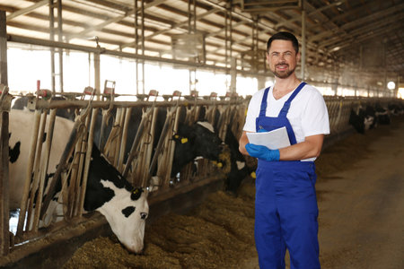 Worker with notes in cowshed on farm, space for text. animal husbandryの写真素材