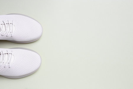 Stylish sporty sneakers on light background, top view. Space for textの写真素材