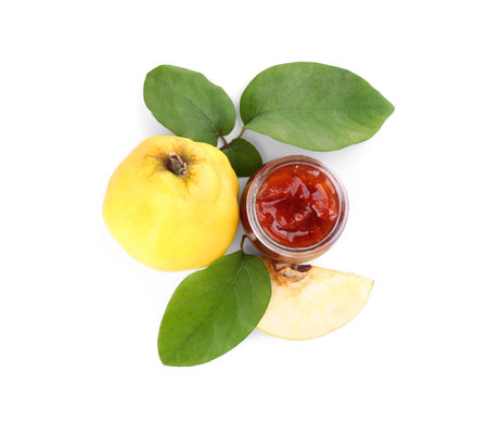 Delicious quince jam and fruits isolated on white, top viewの写真素材